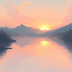 Obraz premium Serene sunset over calm lake and mountains.