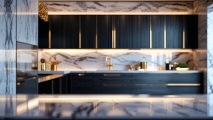 A contemporary, chic kitchen featuring stylish black and white cabinets, golden fixtures, and marble tiles