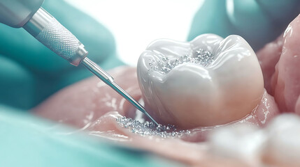 Closeup of a dental procedure in progress.  A precise instrument meticulously works on a tooth filling, showcasing the detail and precision of modern dentistry.