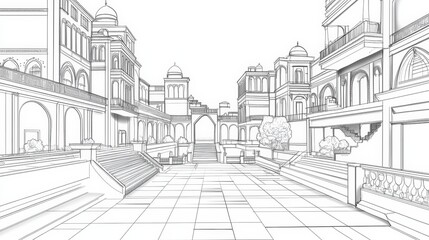 Obraz premium 3D illustration abstract modern urban building out-line black and white drawing of imagination architecture building construction perspective design.