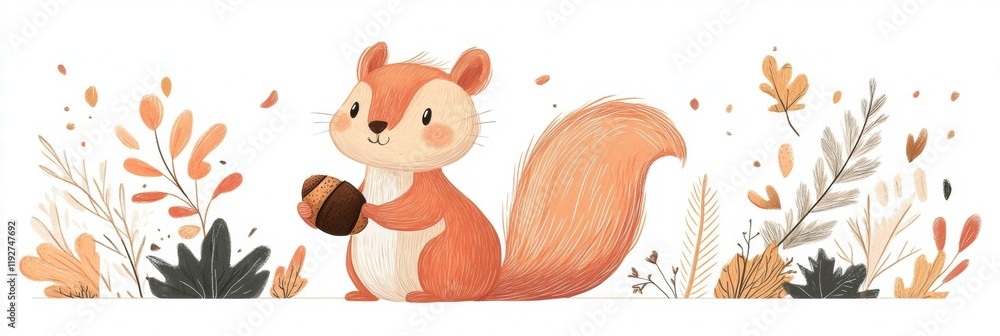 Poster cute squirrel holding acorn surrounded by autumn leaves in a colorful illustration full of warmth an