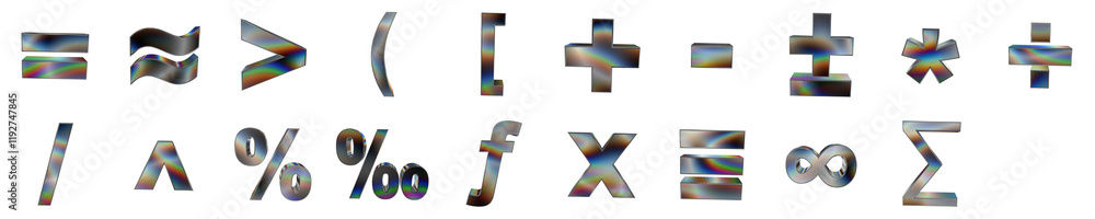 Poster set of 3d basic math symbols shapes with dark metal and rainbow effects isolated on a transparent ba