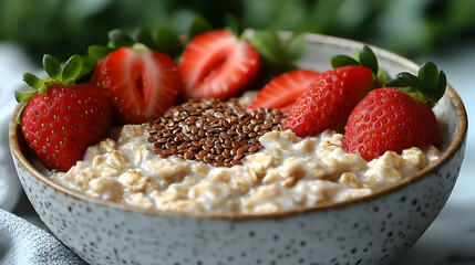 A healthy and delicious breakfast bowl of oatmeal topped with fresh strawberries and flax seeds