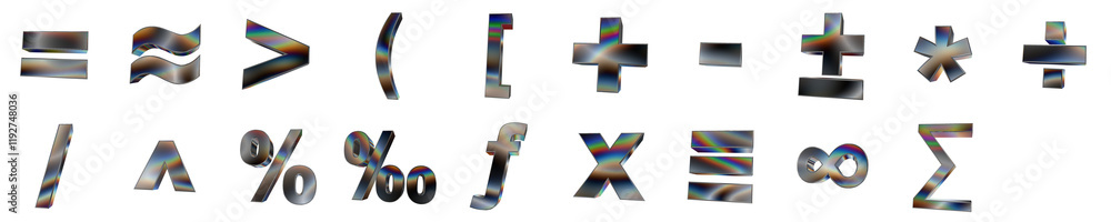 Poster set of 3d basic math symbols shapes with dark metal and rainbow effects isolated on a transparent ba