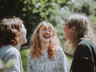 Fototapeta premium Happy, carefree group of friends enjoying spontaneous laughter in a sunny outdoor environment