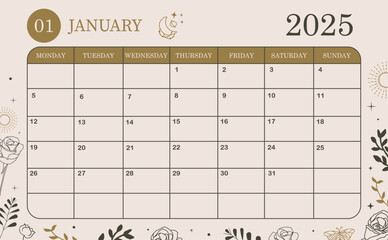 2025 table monthly calendar week start on Sunday with boho style that use for horizontal digital and printable A4 A5 size