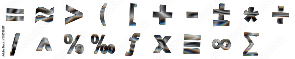 Poster set of 3d basic math symbols shapes with dark metal and rainbow effects isolated on a transparent ba