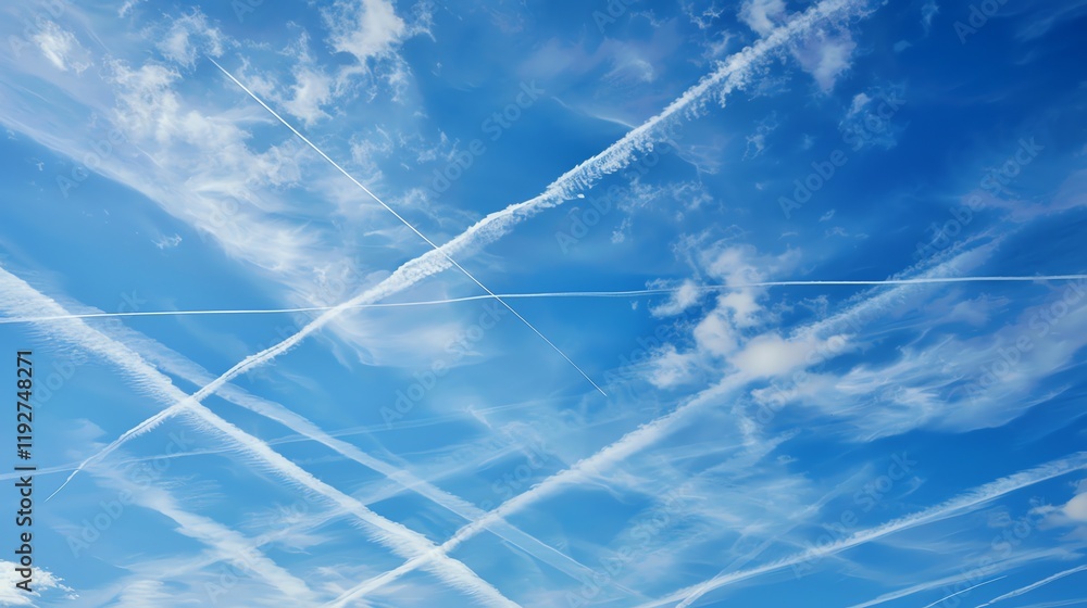 Poster a blue sky with white clouds and several contrails.