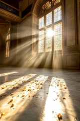 Obraz premium Sunbeams illuminate a grand, ornate room's marble floor, dust motes dancing in the golden light streaming through a stained-glass window; perfect for interior design, architecture, or serenity themes