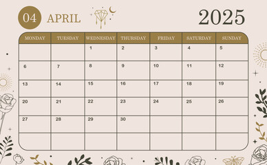 2025 table monthly calendar week start on Sunday with boho style that use for horizontal digital and printable A4 A5 size