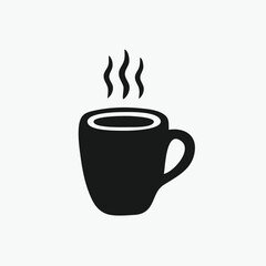 Simple black and white graphic of a steaming hot coffee cup.