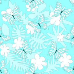 Blue swallowtail butterflies, tropical leaves and flowers. Seamless decorative pattern on a light blue background.