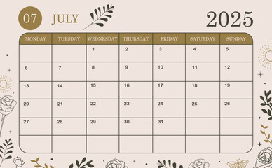 2025 table monthly calendar week start on Sunday with boho style that use for horizontal digital and printable A4 A5 size