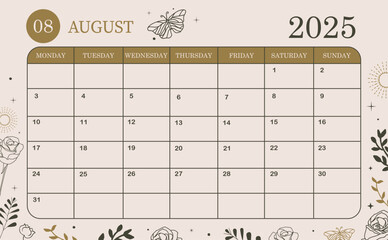 2025 table monthly calendar week start on Sunday with boho style that use for horizontal digital and printable A4 A5 size