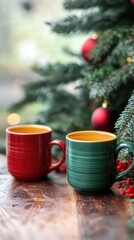 Two vibrant red and green mugs placed on a wooden surface, with a blurred Christmas tree background, a cozy holiday vibe