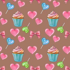 Sweet Valentine's Day Set with Fresh Sweet Cupcakes Seamless Pattern on Mocha Mousse Background