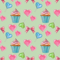 Sweet Valentines with Fresh Sweet Cupcakes Day Set Seamless Pattern on Pastel Green Background