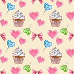 Sweet Valentines Day Set with Rainbow Sweet Cupcakes on Pastel Yellow Background