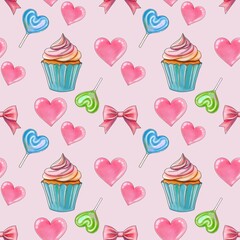 Sweet Valentines with Fresh Sweet Cupcakes Day Set Seamless Pattern on Pastel Pink Background