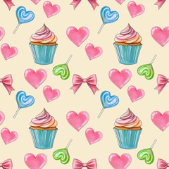 Sweet Valentines with Fresh Sweet Cupcakes Day Set on Pastel Yellow Background