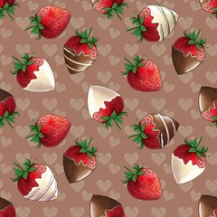 Chocolate Covered Strawberries and Milk Hearts Seamless Pattern on Mocha Mousse Background