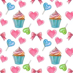 Sweet Valentines with Fresh Sweet Cupcakes Day Set Seamless Pattern on White Background