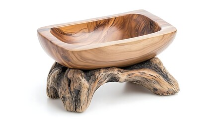Obraz premium Rustic Wooden Bowl on Tree Stump Base Hand Carved Natural Wood Grain