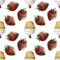 Dark Chocolate Covered Strawberries and Fresh Strawberry Cupcakes Small Design on White Background