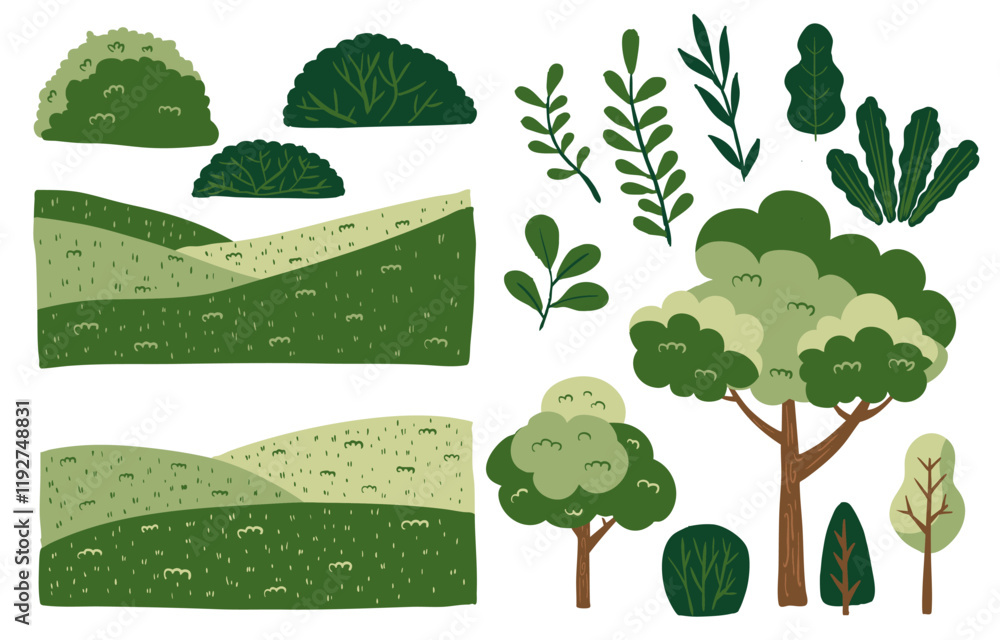 Poster grass,tree and mountain landscape element object for spring season
