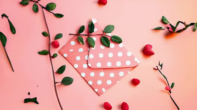 A pink envelope with polka dots surrounded by leaves and heart-shaped candies.