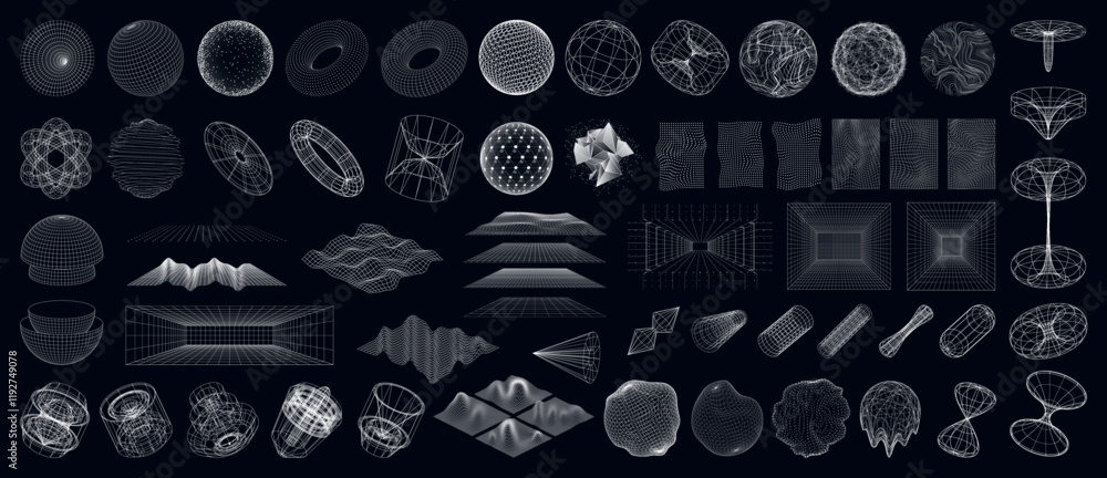 Aufkleber Futuristic 3D Sci-fi elements. Geometric spheres with glitch and liquid effect, wireframe 3d spaces, mechanical drawings, Sci-fi objects, landscape of the area. Universal geometric shapes. Vector