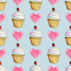 Fresh Strawberry Cupcakes with Pink Heart on Pastel Blue Background