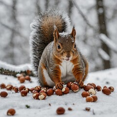 Obraz premium A playful squirrel gathering nuts on a white background.