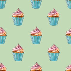 Fresh Sweet Cupcakes Seamless Pattern on Pastel Green Background