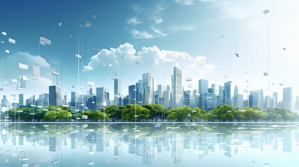 Illustration of the city of the future in blue, white and green colors. Eco city with smart technologies concept