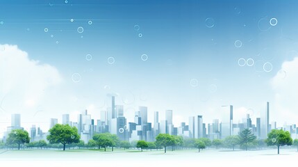 Illustration of the city of the future in blue, white and green colors. Eco city with smart technologies concept