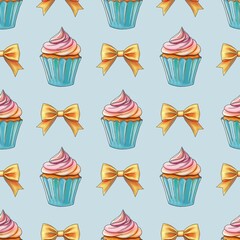 Fresh Sweet Cupcakes with Golden Bow Seamless Pattern on Pastel Blue Background