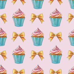 Fresh Sweet Cupcakes with Golden Bow Seamless Pattern on Pastel Pink Background