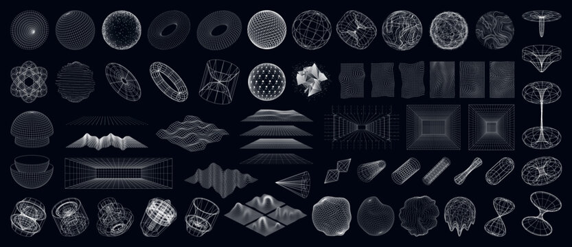 Futuristic 3D Sci-fi elements. Geometric spheres with glitch and liquid effect, wireframe 3d spaces, mechanical drawings, Sci-fi objects, landscape of the area. Universal geometric shapes. Vector
