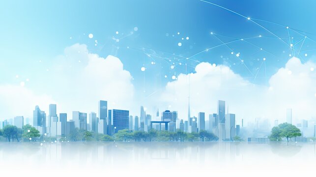 Illustration of the city of the future in blue, white and green colors. Eco city with smart technologies concept