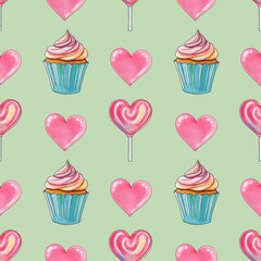 Fresh Sweet Cupcakes with Pink Heart and Pink Heart Lollipops Seamless Pattern on Pastel Green Background