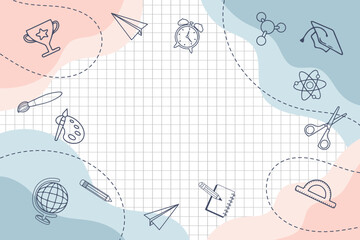 Background with school supplies and education icons hand drawn doodle elements. Illustration, back to school banner