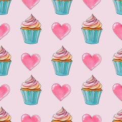 Fresh Sweet Cupcakes with Pink Heart on Pastel Pink Background