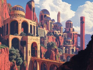 Sci-fi city with architectural influences from ancient Rome and 1970s retro-futurism, blended in a modern setting