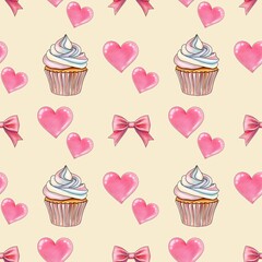 Hearts and Rainbow Sweet Cupcakes with Pink Bow on Pastel Yellow Background