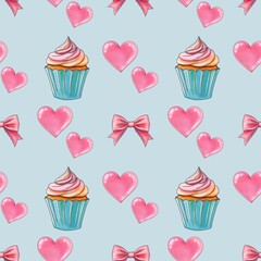 Hearts and Sweet Cupcakes with Pink Bow Seamless Pattern on Pastel Blue Background