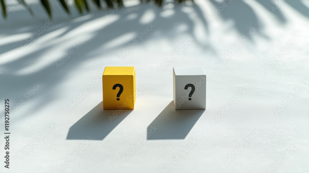 Poster captivating concept of uncertainty represented by yellow and white blocks with question marks on a s