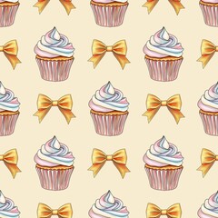 Rainbow Sweet Cupcakes with Golden Bow Seamless Pattern on Pastel Yellow Background