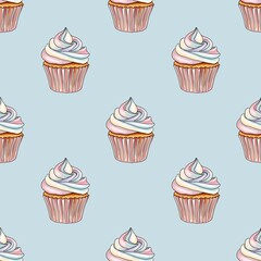 Rainbow Sweet Cupcakes Seamless Pattern on Pastel Blue Background