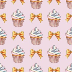 Rainbow Sweet Cupcakes with Golden Bow Seamless Pattern on Pastel Pink Background